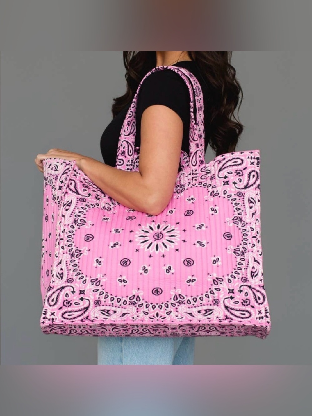 Panache Bandana Paisley Boho Western Quilted Tote Bag Weekender Pink Handbag - Picture 6 of 8